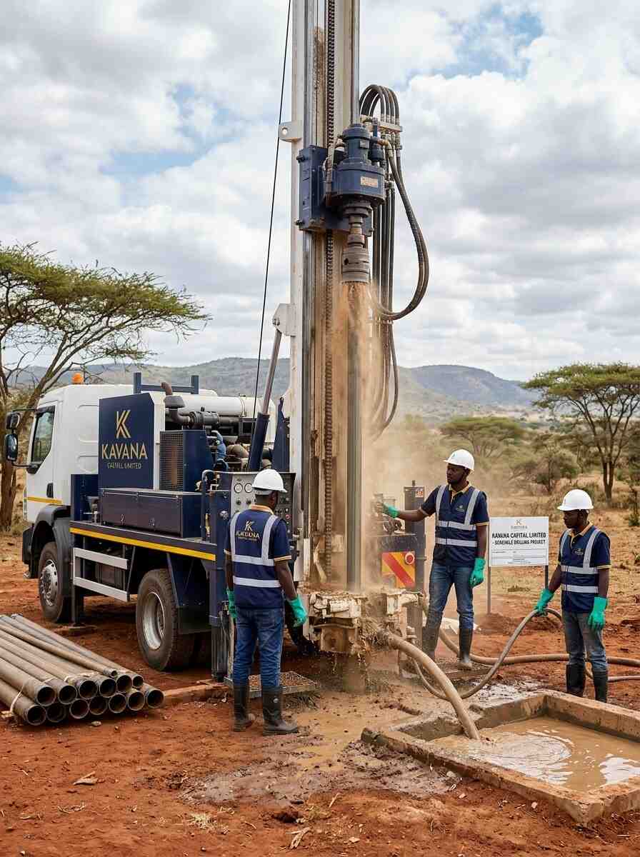 Kavana Capital borehole drilling rig operating in the Kenyan savanna