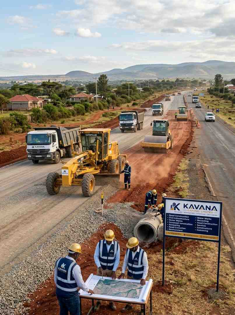 Kavana Capital road construction team reviewing project plans on site